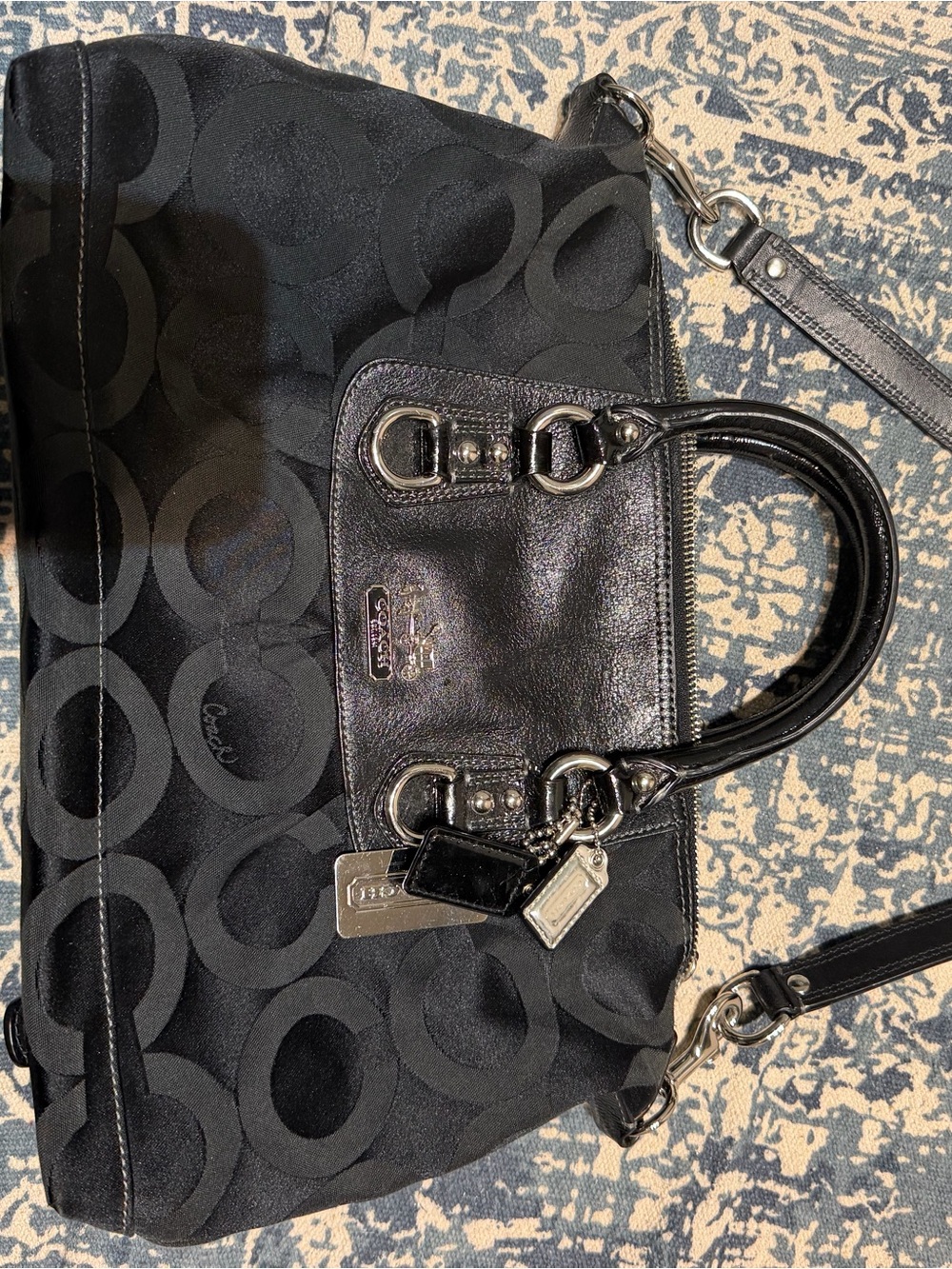 Coach Black Signature Circle Shoulder Bag with Leather Trim